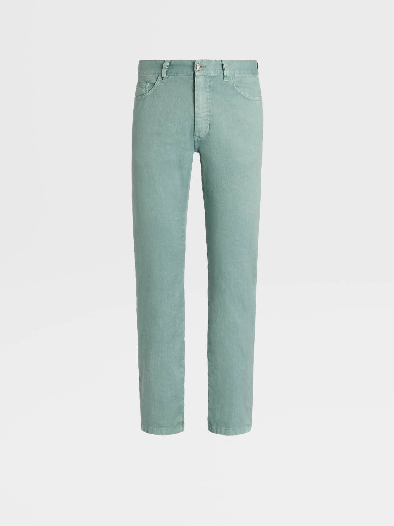 Aqua Green Garment Dyed Stretch Linen and Cotton 5-Pocket Jeans